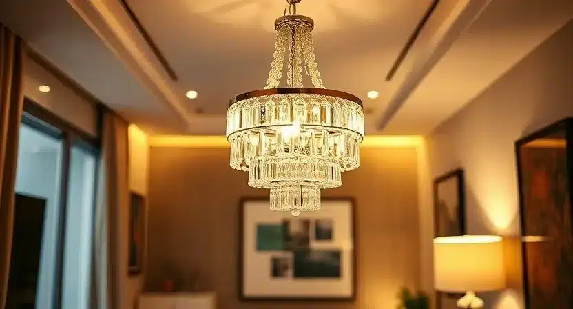 Stylish crystal chandelier hung over a small dining table, enhancing the space.