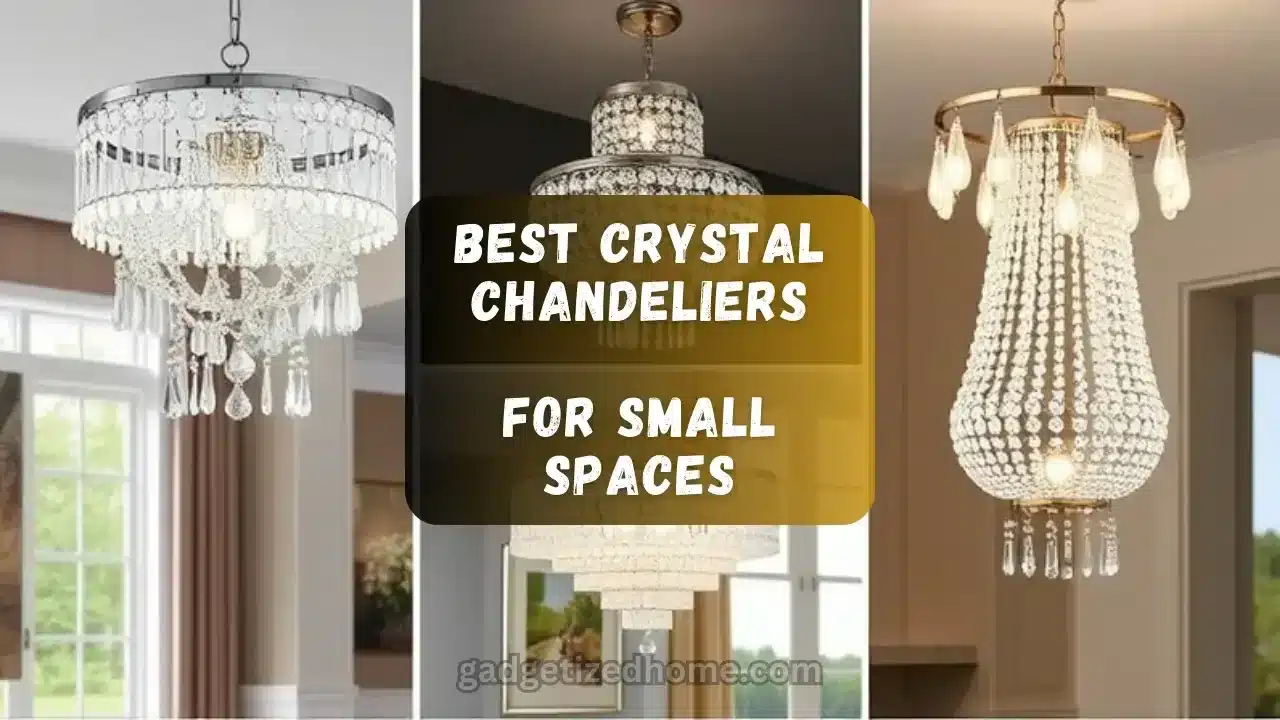 Crystal chandelier hanging in a small dining room, showcasing elegant design for compact spaces.