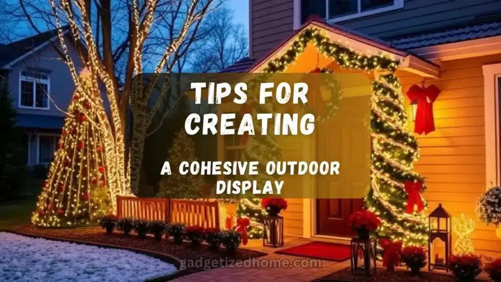 A beautifully decorated yard featuring a balanced mix of inflatables, string lights, and garlands, all in a cohesive red and white Christmas theme.