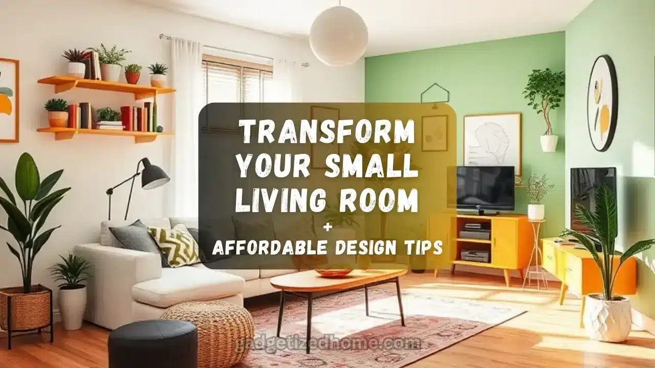 Cozy small living room with smart furniture, floating shelves, and vibrant decor accents.