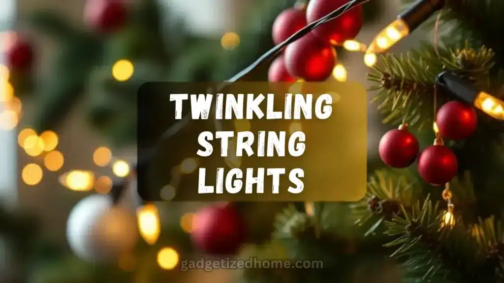 Enchanting string lights draped along a cozy living room, creating a warm and festive holiday glow.