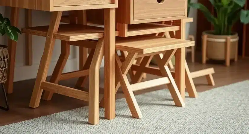 A folding coffee table and stackable chairs neatly stored in a corner of a compact living room.