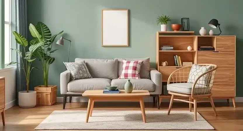 A compact living room with a stylish storage ottoman, a convertible sofa bed, and a coffee table with built-in shelves.