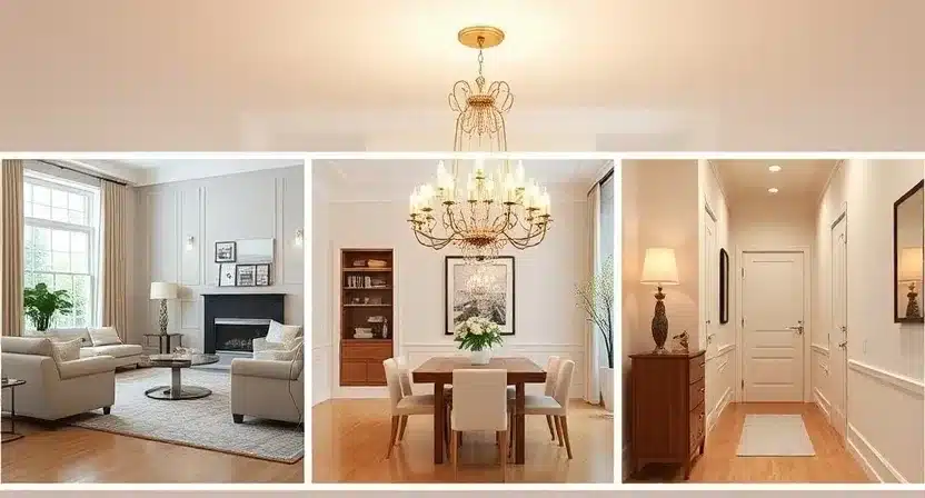 Chandeliers in multiple spaces like living rooms, dining rooms, and more.