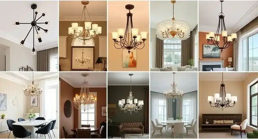 Chandeliers in various styles, complementing diverse home decor themes.