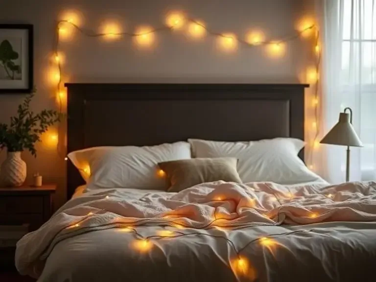 Cozy bedroom with warm string lights and a stylish bedside lamp.