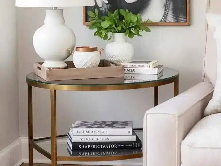 A side table decorated with a tray, vase, and accessories for a fresh look.