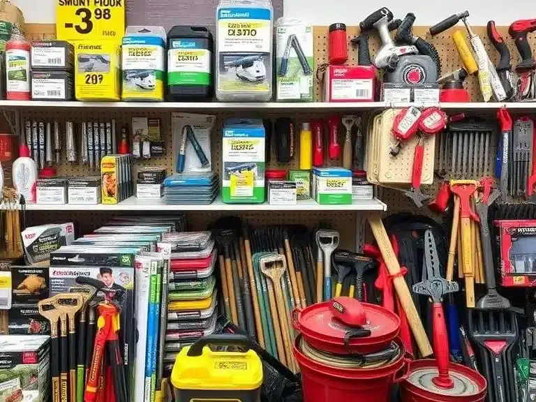 Discounted building supplies and secondhand tools at a local store.