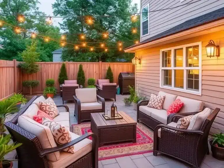 Cozy outdoor patio with seating and string lights for a welcoming ambiance.