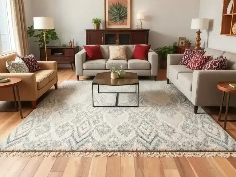 Living room with an area rug defining the seating area and furniture pads protecting the floor.