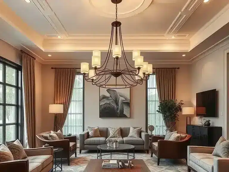 A modern chandelier illuminating a chic living room with a cozy ambiance.