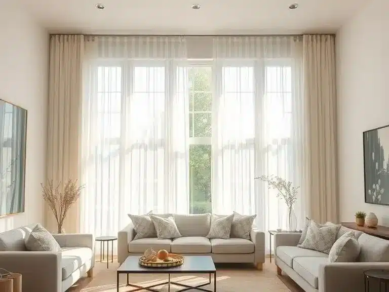 Sheer curtains letting in natural light in a bright and airy living room.