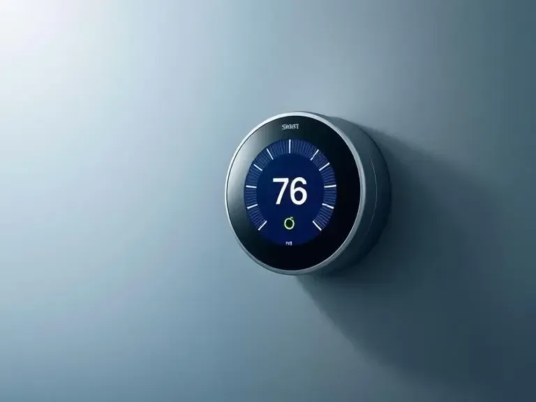 A sleek, smart thermostat mounted on a wall, showing temperature control settings.