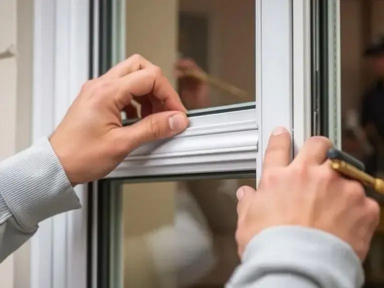 Hands applying weatherstripping to a window frame to block drafts and save energy.