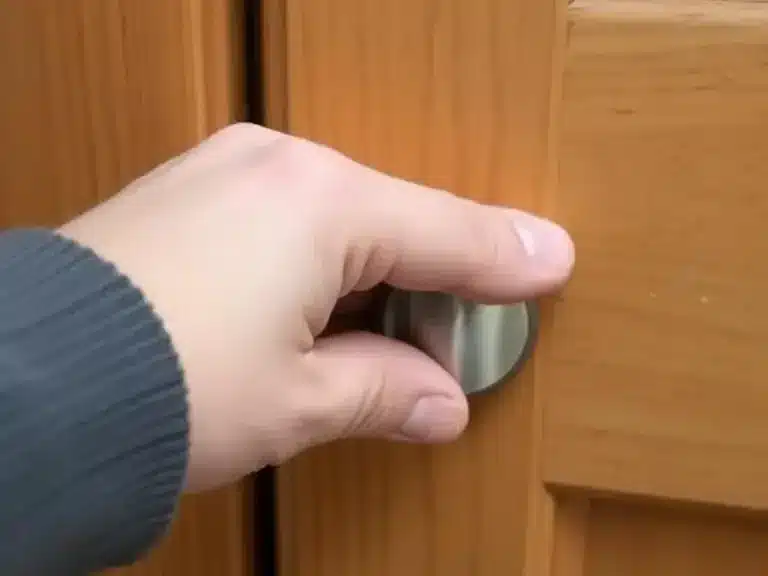 A close-up of a hand replacing an old cabinet handle with a modern brushed nickel pull.