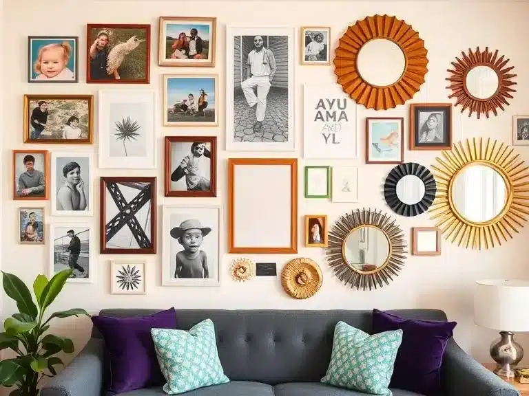 A vibrant gallery wall with a mix of family photos, art prints, and decorative mirrors.