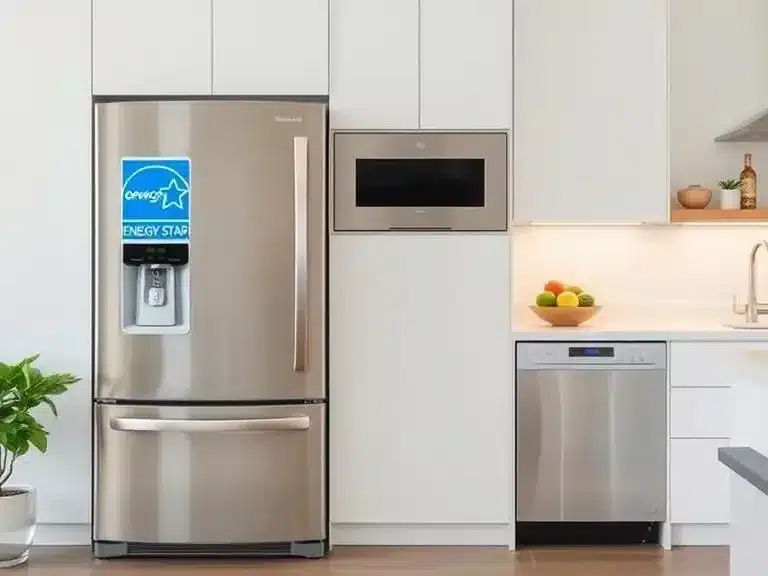 An Energy Star-certified refrigerator and modern dishwasher in a minimalist kitchen.