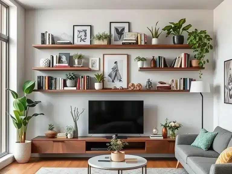 Floating shelves filled with books, plants, and decor in a modern living room.