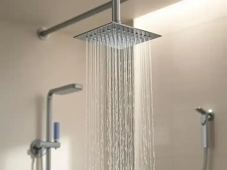 A sleek rain-style showerhead and modern bathroom accessories in a well-lit bathroom.