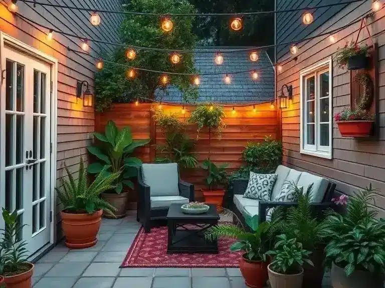 A cozy patio with string lights, potted plants, and outdoor seating.