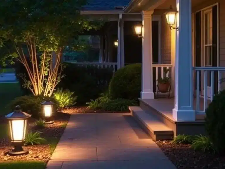 Outdoor lighting along a walkway and porch, adding charm and security to the home.