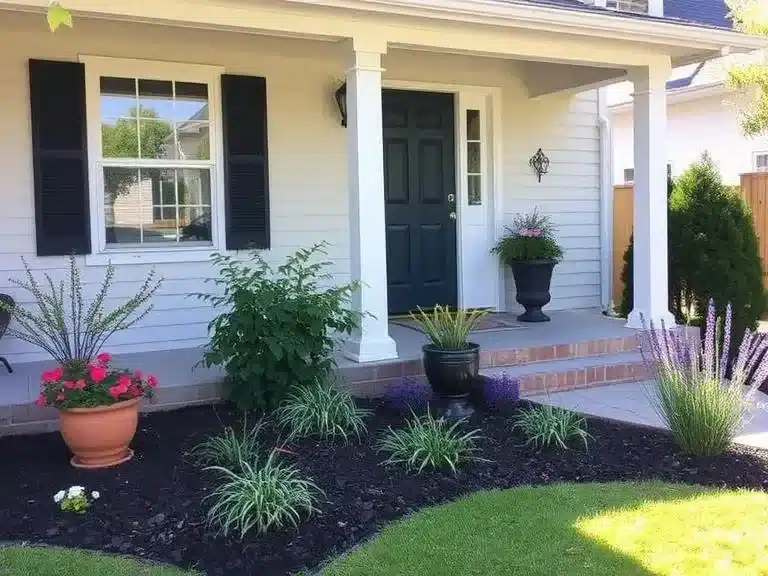 Well-maintained front yard with new plants and a painted front door.