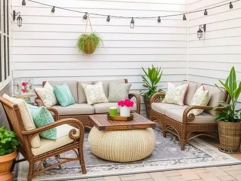 Cozy outdoor seating with decorative elements, making the front porch inviting.