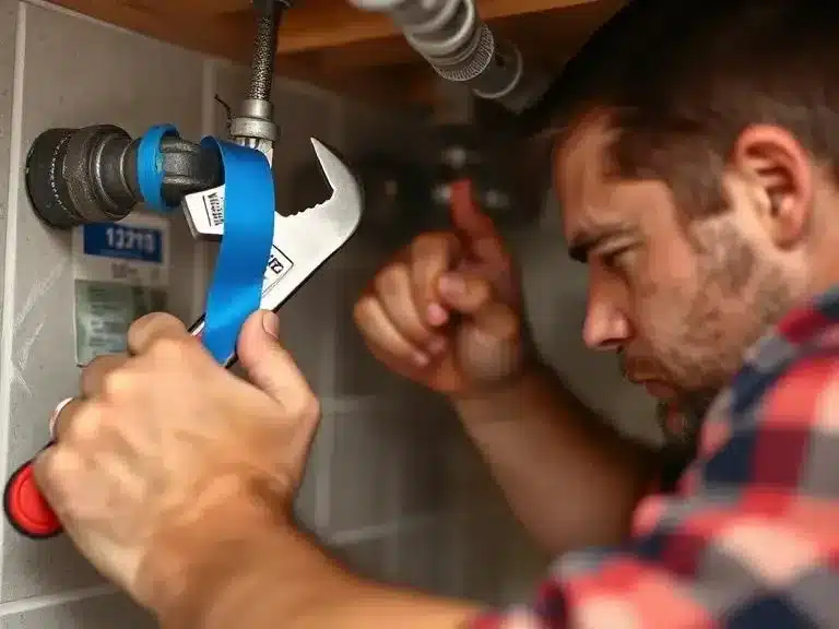 A homeowner fixing a plumbing issue with a wrench and pipe tape.