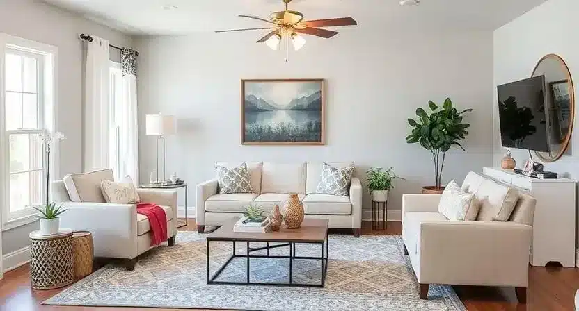 Budget-friendly living room upgrades such as new lighting, furniture arrangements, and decor.