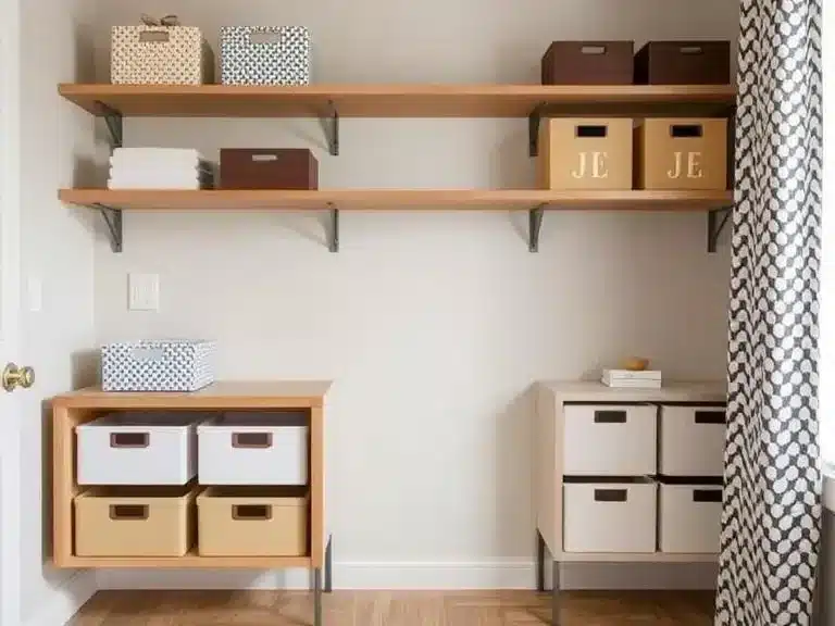 Stylish floating shelves and storage bins for an organized home.