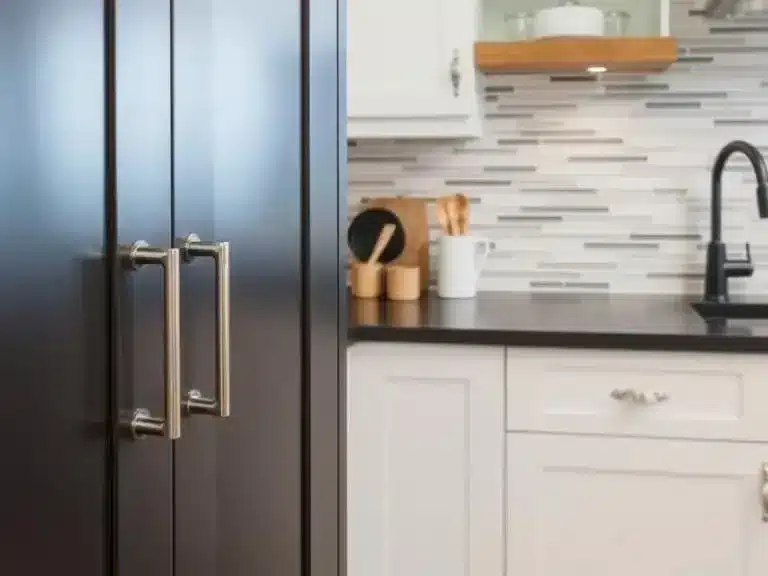 Updated kitchen with sleek cabinet hardware and peel-and-stick backsplash tiles.