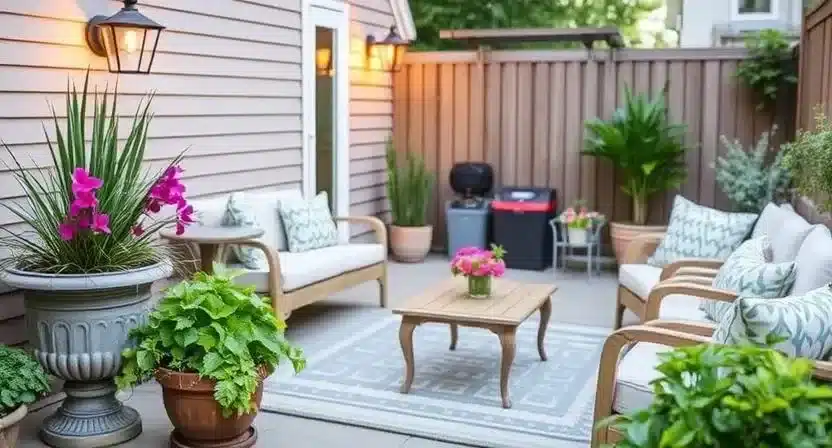 Low-cost outdoor upgrades including lighting, furniture, and garden planters for curb appeal.