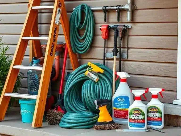 Preventive home maintenance tools like a ladder, hose, and cleaning supplies for regular upkeep.