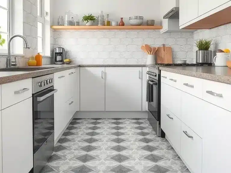 Kitchen with peel-and-stick vinyl tiles in a modern gray design.