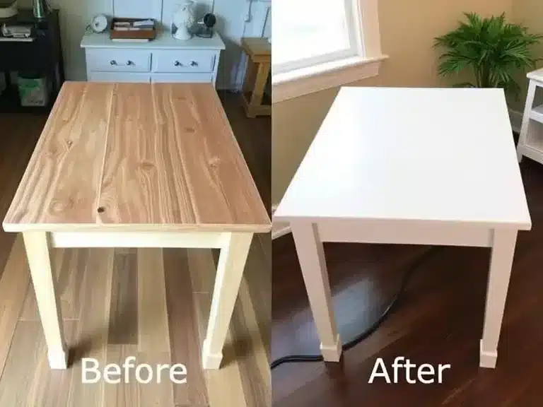 A before and after of a furniture piece transformed with a fresh coat of paint.