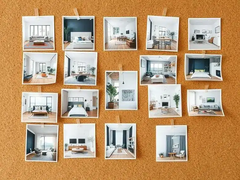 Collage of interior design inspiration images pinned on a board.