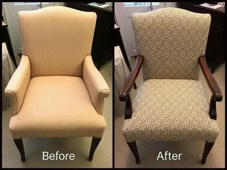 A reupholstered chair with new fabric, giving it a fresh look.