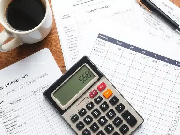 Budget sheet and calculator on a desk for renovation planning.