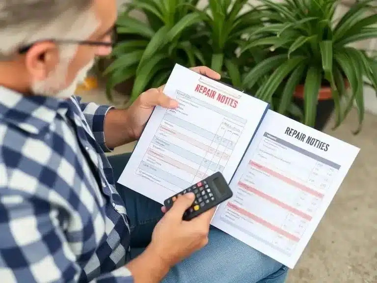 A homeowner comparing repair quotes from contractors with a notepad and calculator.