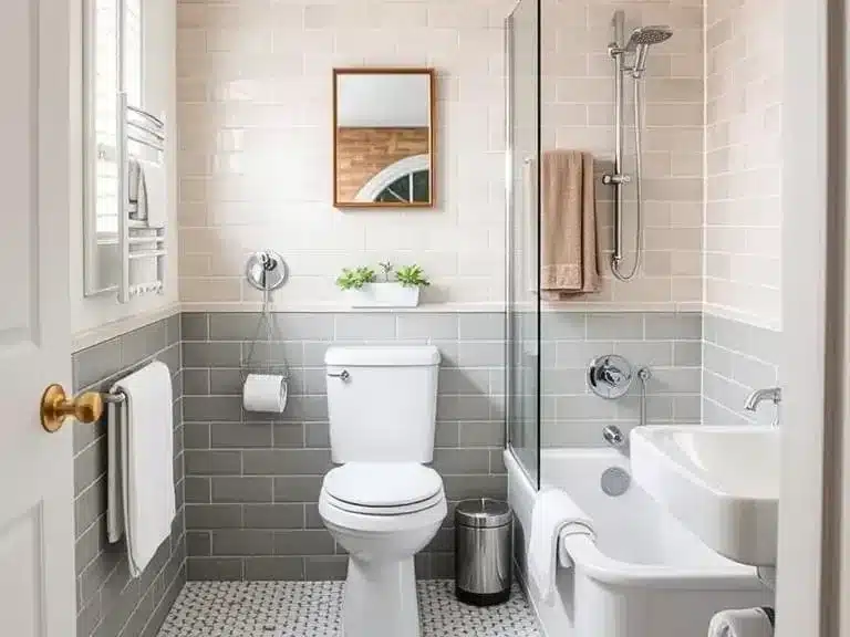 Space-saving storage ideas for small bathrooms, including over-the-toilet units and shower caddies.