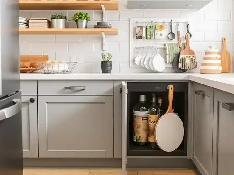 Clever kitchen storage solutions, like pull-out drawers and hanging racks for small kitchens.