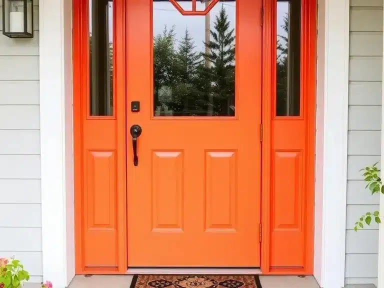 Brightly painted front door with modern hardware and a decorative door mat, enhancing curb appeal.