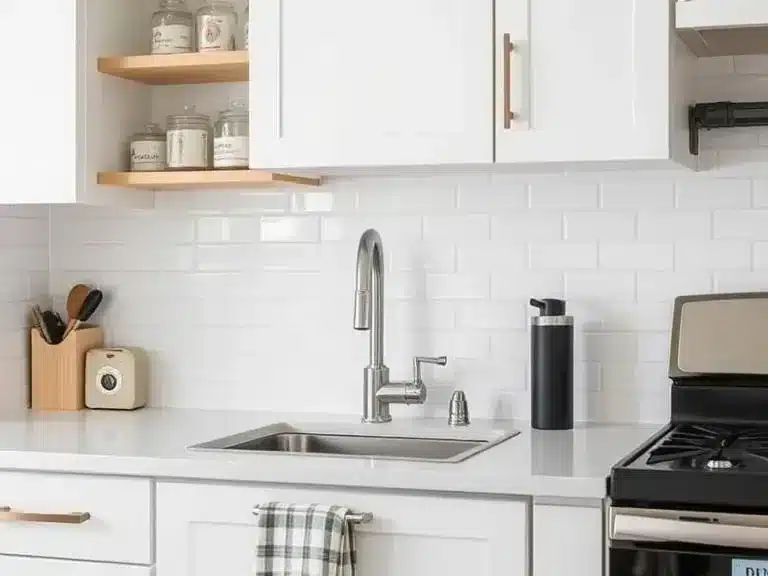 Kitchen with a peel-and-stick subway tile backsplash in white.