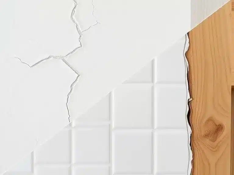 Different types of cracks and chips on walls, wood, and ceramics.