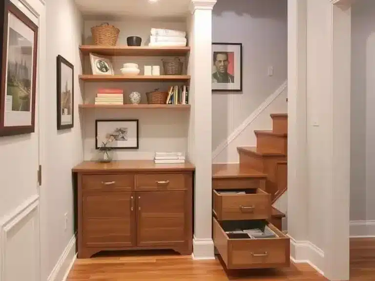 Creative storage in underutilized spaces, including corner shelves and staircase drawers.