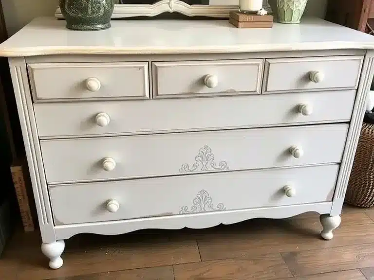 An upcycled dresser with fresh paint and new knobs, blending vintage and modern styles.