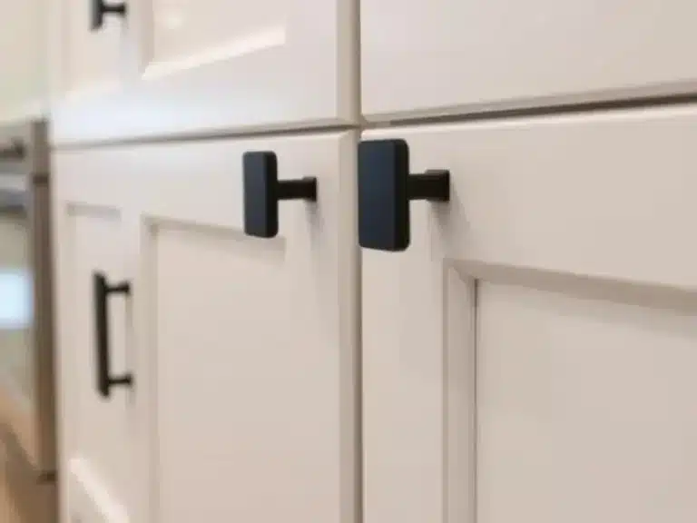 Modern kitchen cabinets with sleek black handles replacing outdated hardware.