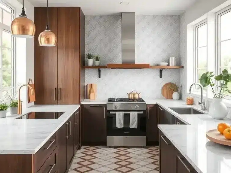 Budget-friendly peel-and-stick vinyl tiles in a modern kitchen.