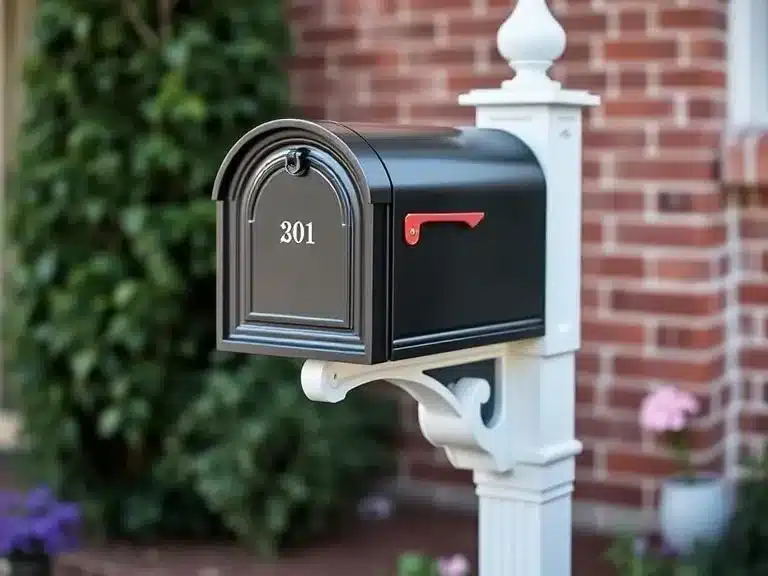 New, stylish mailbox and decorative post improving the home's exterior.