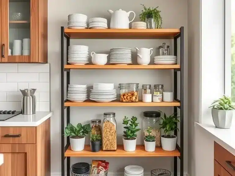 Small apartment kitchen with freestanding shelves storing dishes and pantry items.